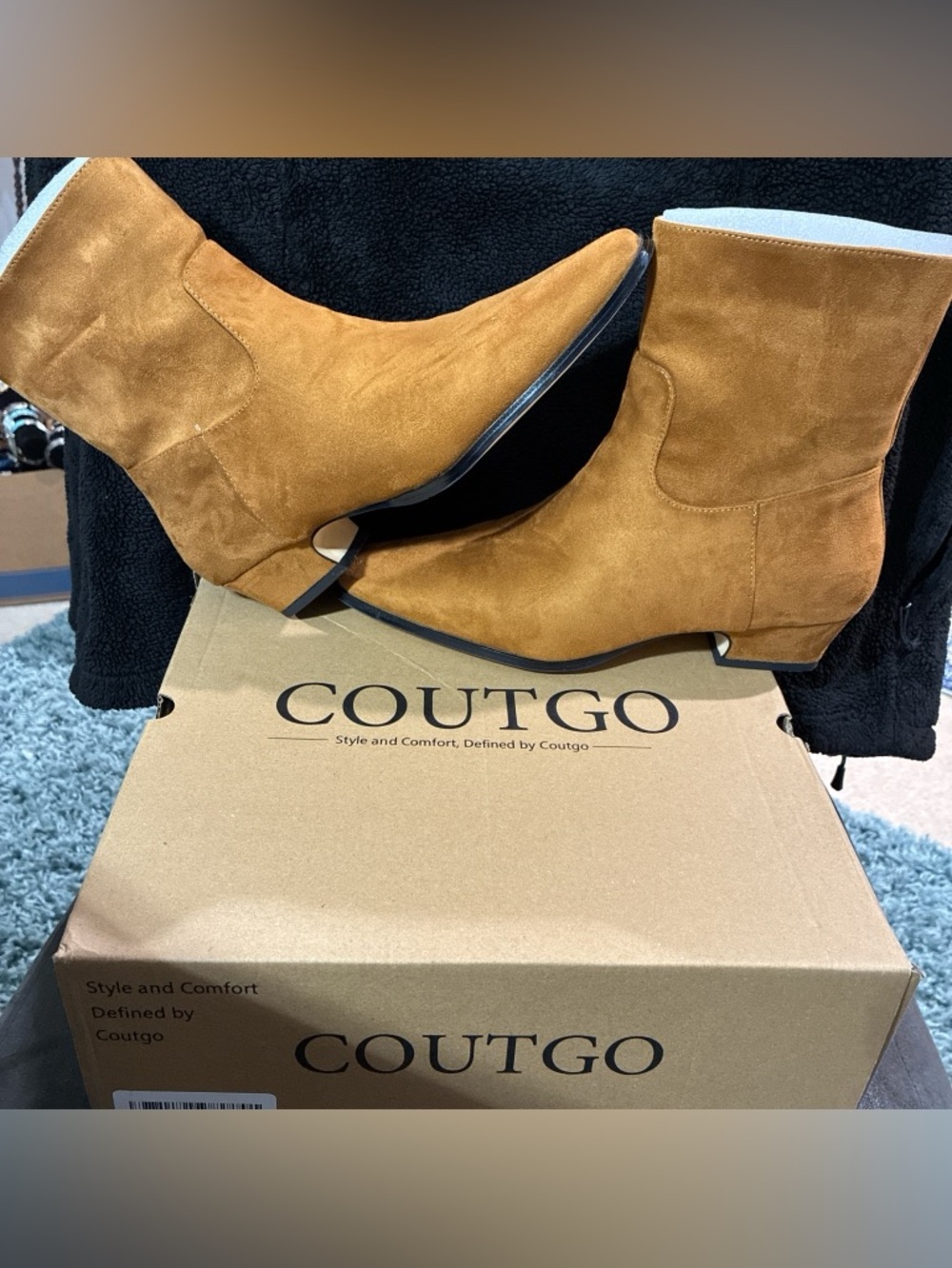 Coutgo Women's Tan Suede Pointed Toe Ankle Booties